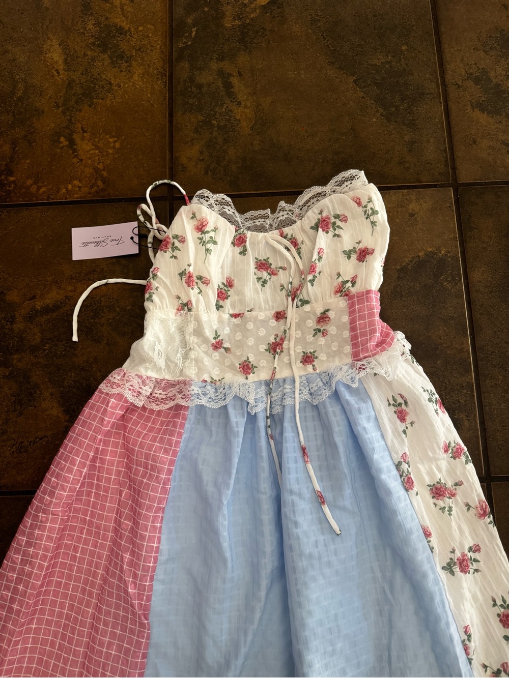 Floral Patchwork Sundress in White, Pink & Blue